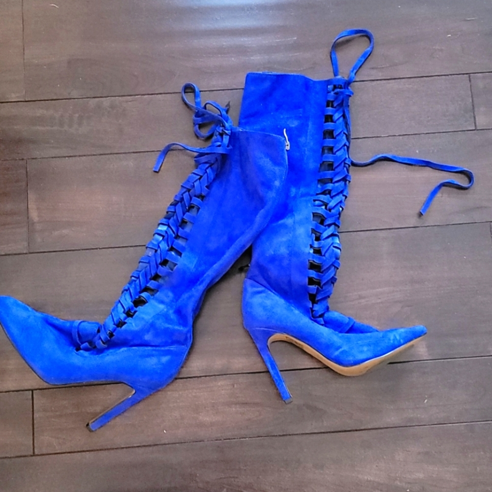 Royal blue faux suede boots